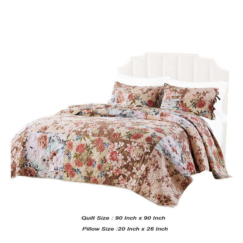 Rome 3 Piece Microfiber Reversible Floral Print Queen Quilt Set， Multicolor