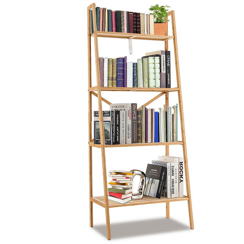 58 Inch 4-Tier Wicker Ladder Bookshelf-Natural