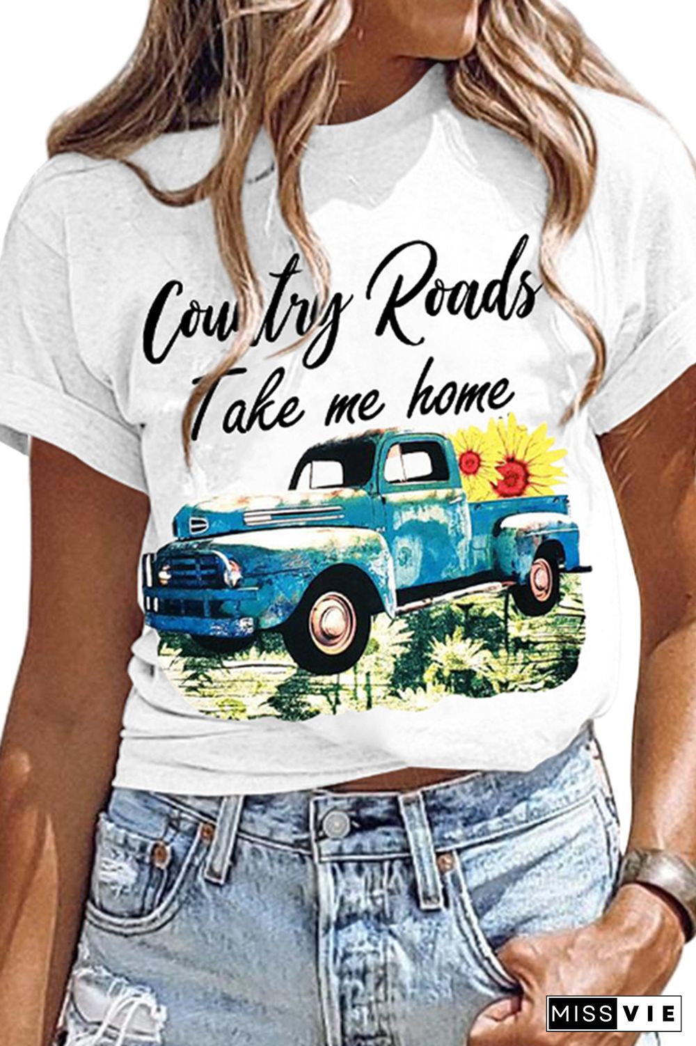 White Car Print Splicing Short Sleeve T-shirt