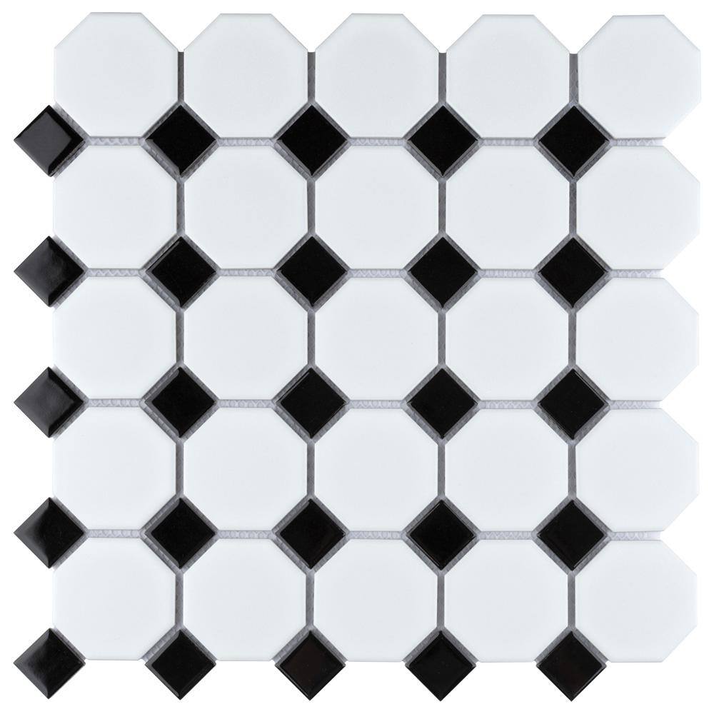 Merola Tile Metro Octagon Matte White wBlack Dot 11 12 in. x 11 12 in. Porcelain Mosaic  9.4 sq. ft. Case FXLM2OWD