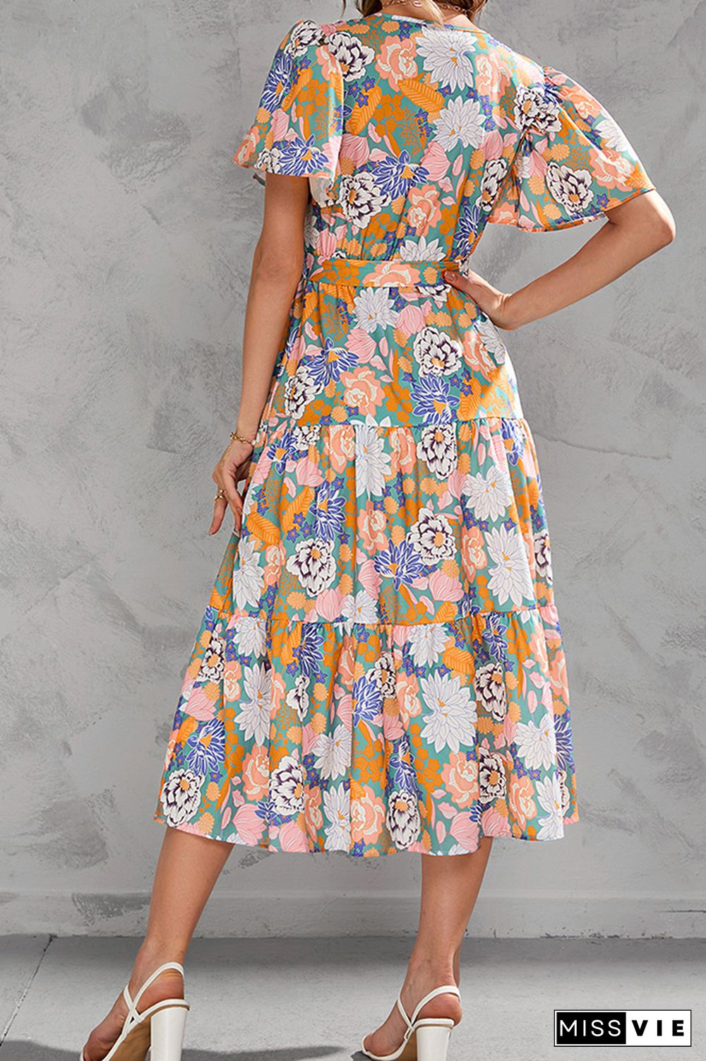 Wrap V Neck Tiered Midi Floral Dress