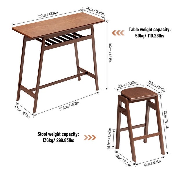 Retro Bar Table Rubber Wood Stackable Backless High Stool for 2 with Shelf and Hooks for Home Bar Space， 3 PCS Pub Dining Set