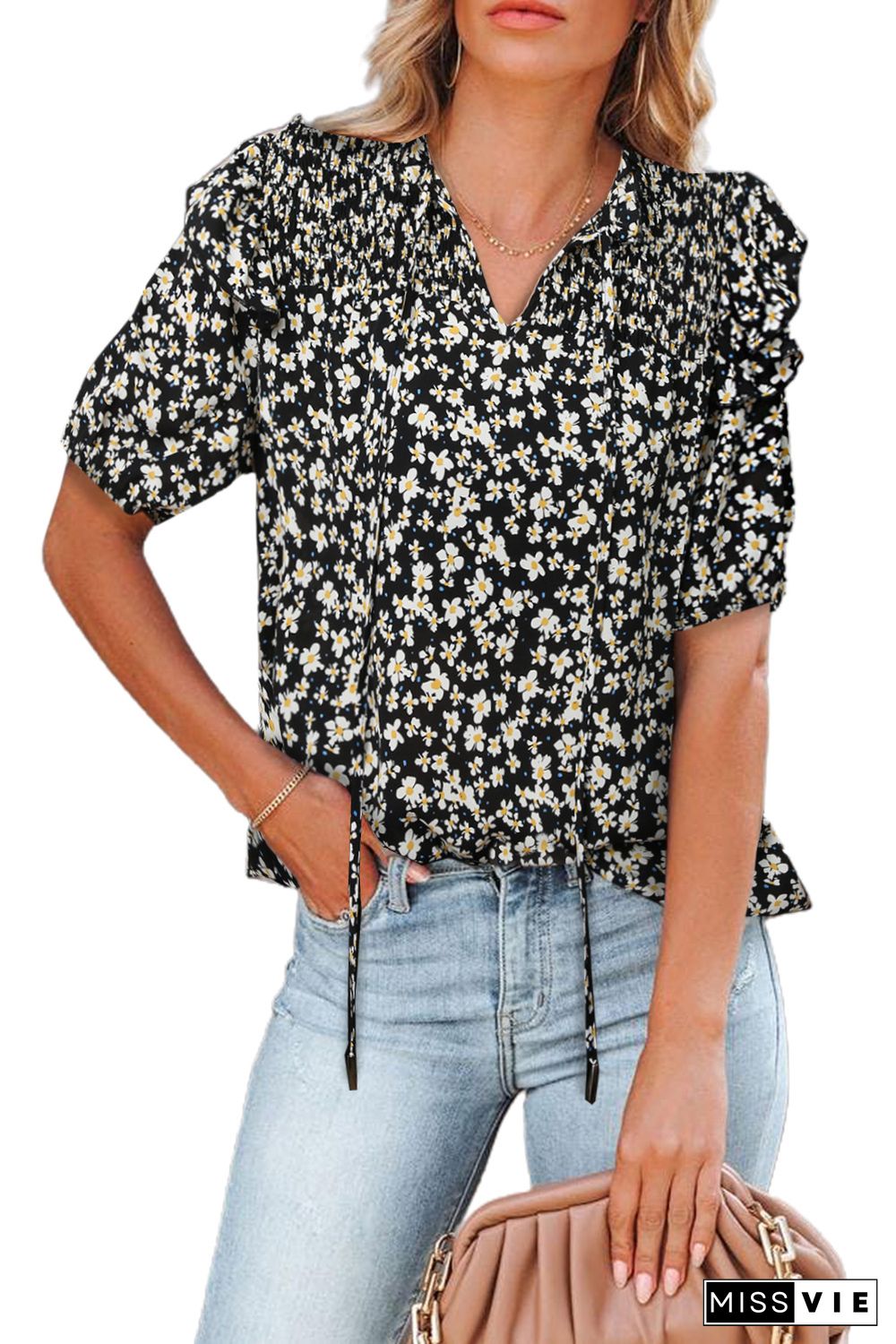 Black Floral Print Smocked Ruffled V Neck T-shirt