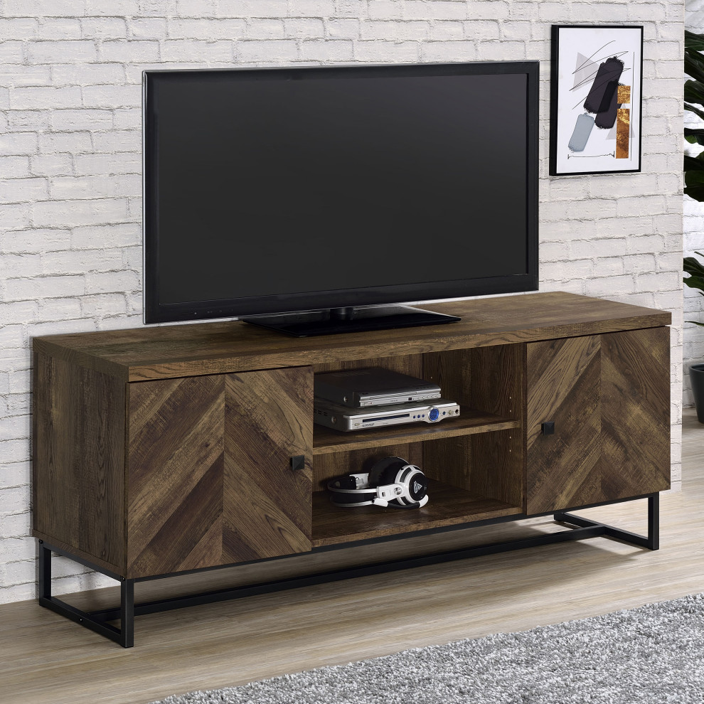 Myles 2 door TV Console With Adjustable Shelves Rustic Oak Herringbone   Modern   Entertainment Centers And Tv Stands   by Modon  Houzz