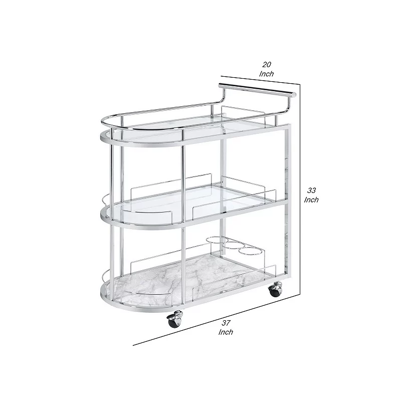 Serving Cart with Oval Shape and Metal Bar Handle， Silver