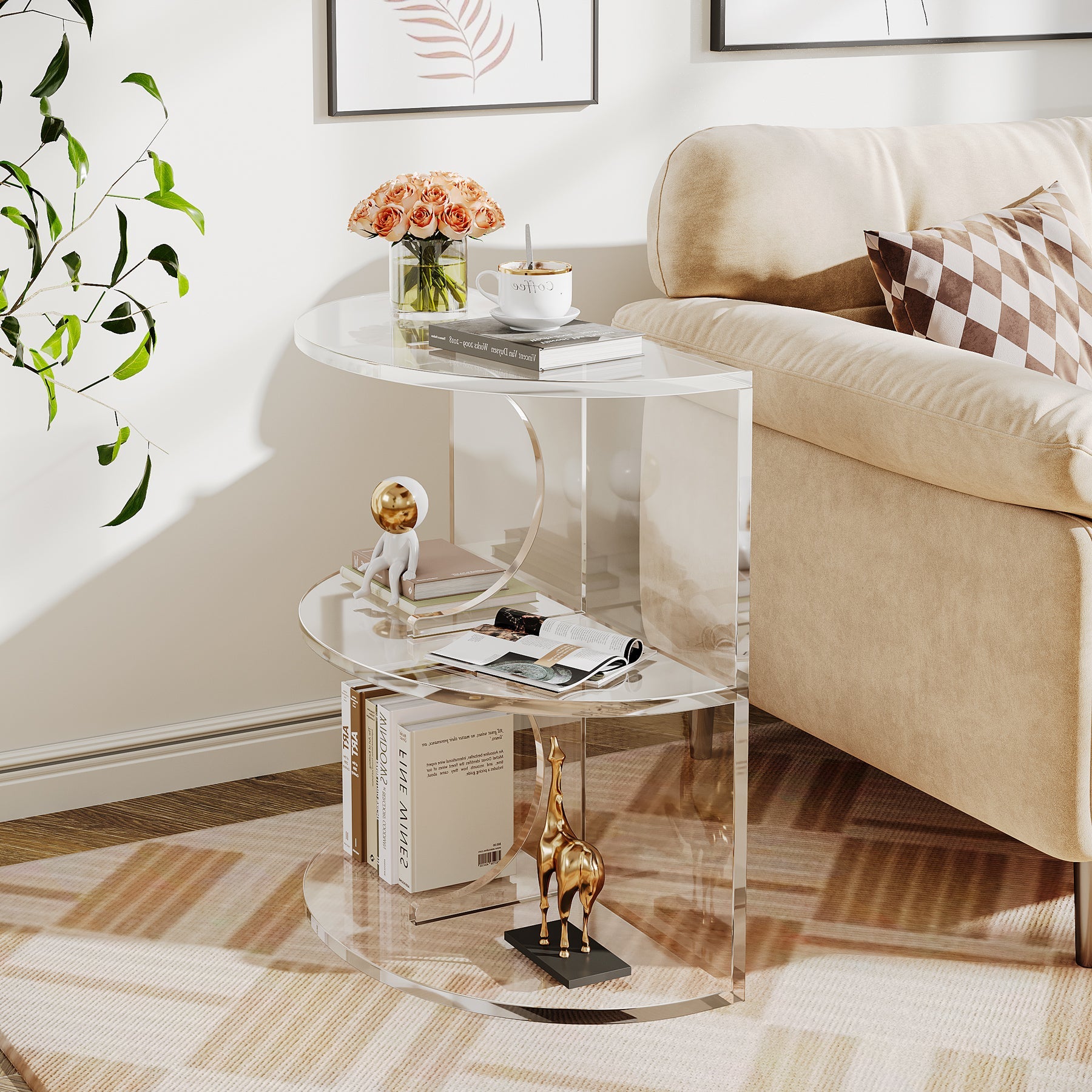 3-Tier End Table, Modern Clear Acrylic Side Table