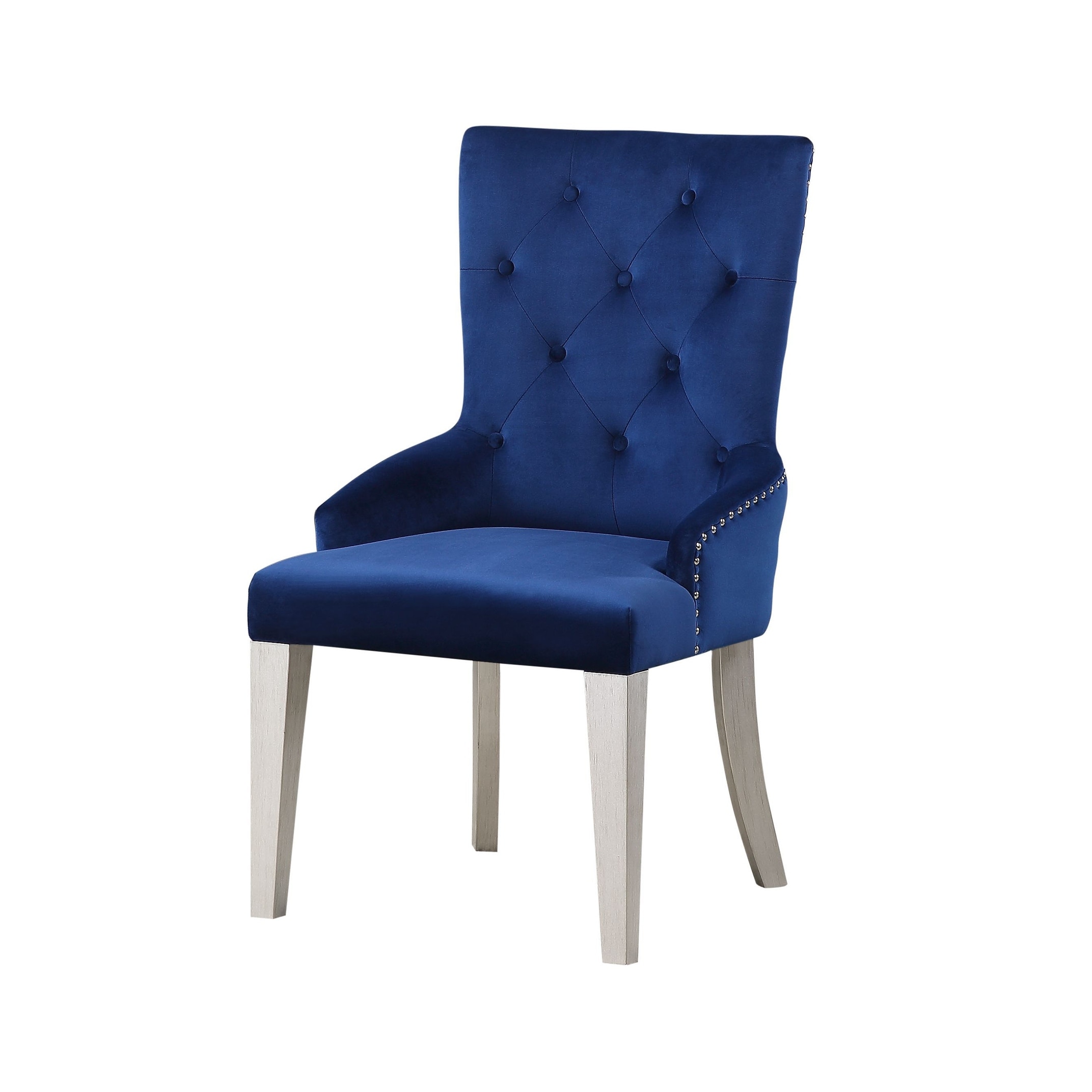 Varian Side Chair (1Pc)， Blue Fabric and Antique Platinum， Padded Seat and Back