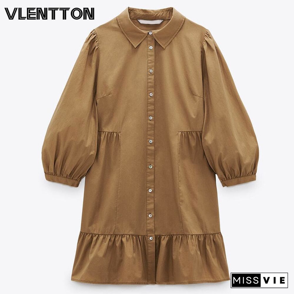 Spring Summer Women Vintage Shirt Dress Chic Button Solid A-Line Party Dresses Ladies Vestidos Ropa Mujer