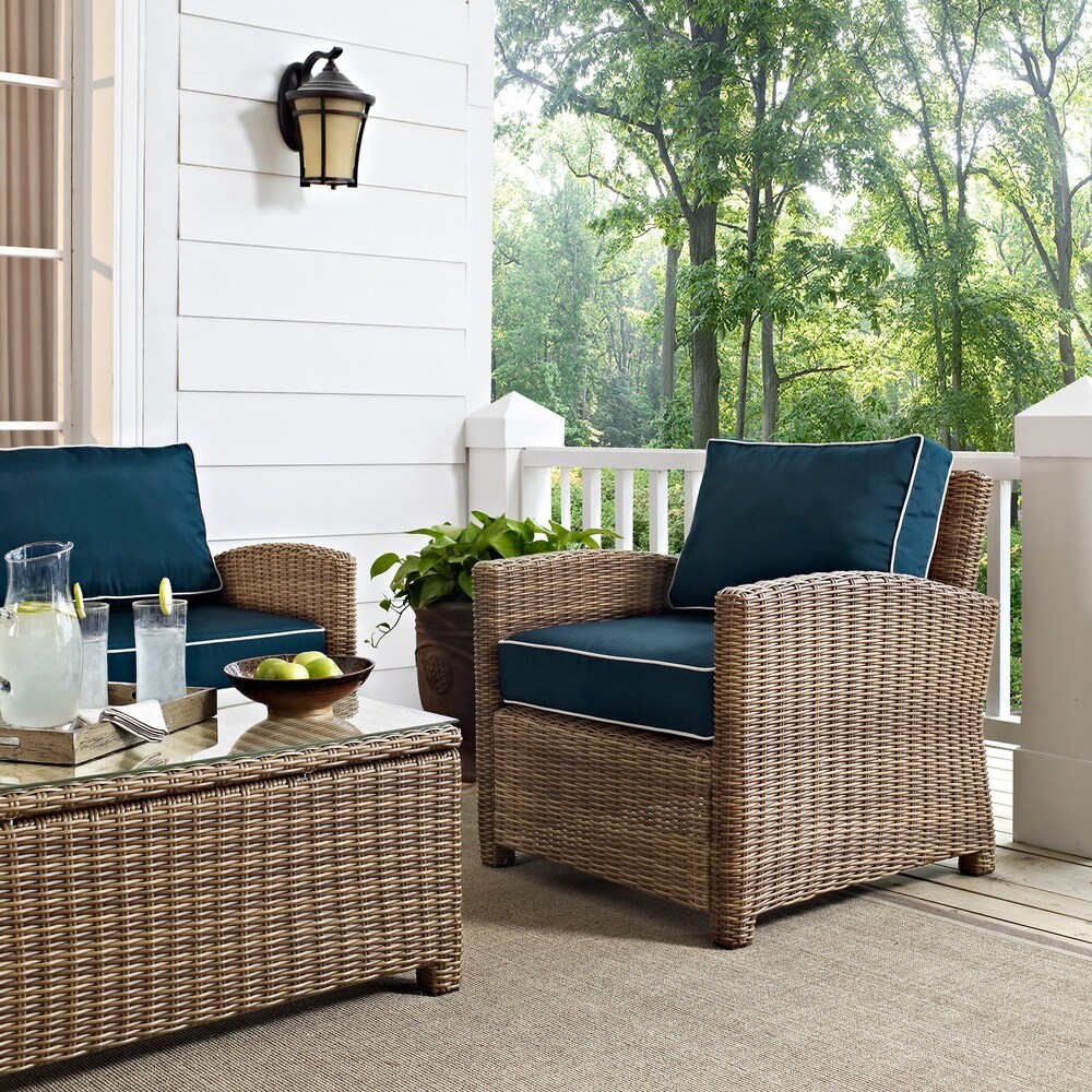 Bradenton Outdoor Wicker Arm Chair with Navy Cushions