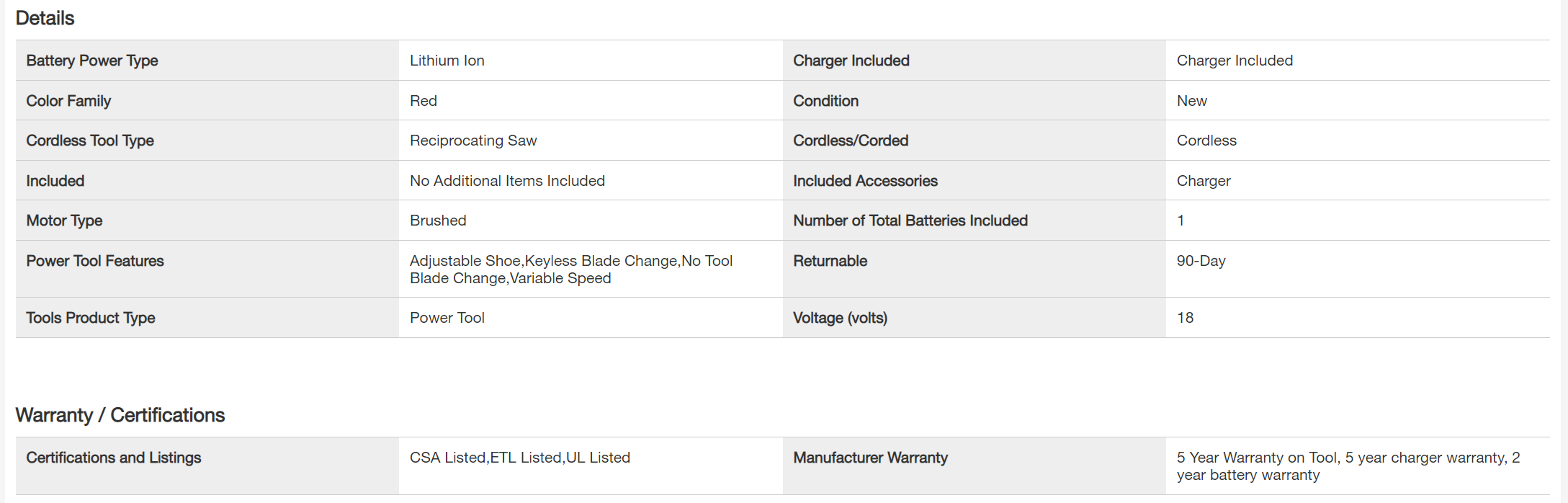 Milwaukee 2621-20-48-59-1835 M18 18V Lithium-Ion Cordless SAWZALL Reciprocating Saw W/ 3.0Ah Battery and Charger