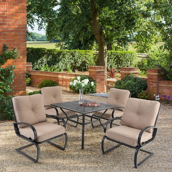 MAISON ARTS Metal Outdoor Patio Dining Sets 5 Pieces，4 Spring Motion Chairs with Cushions and 1 Square Metal Table