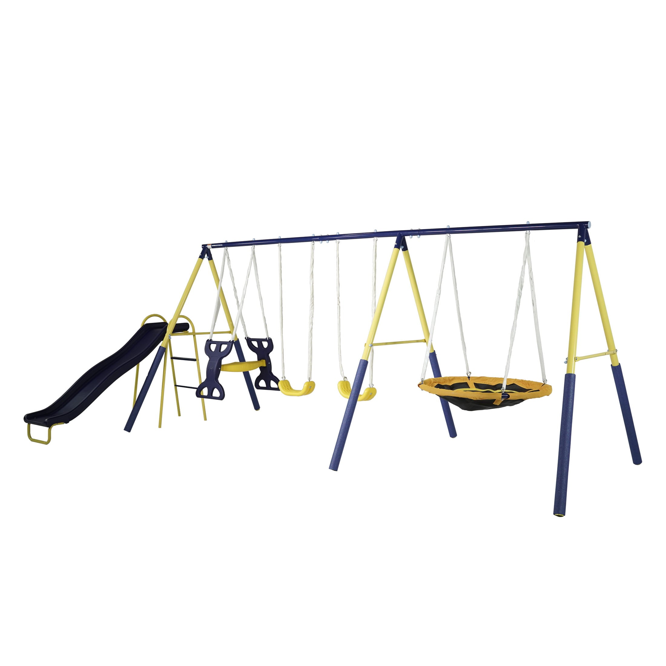 Sportspower Super Star Metal Swing Swing Set with 6-ft Slide， Saucer Swing and Glider Swing