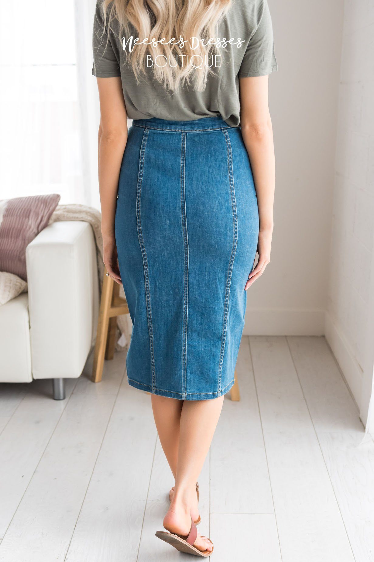 Button Front Modest Denim Skirt