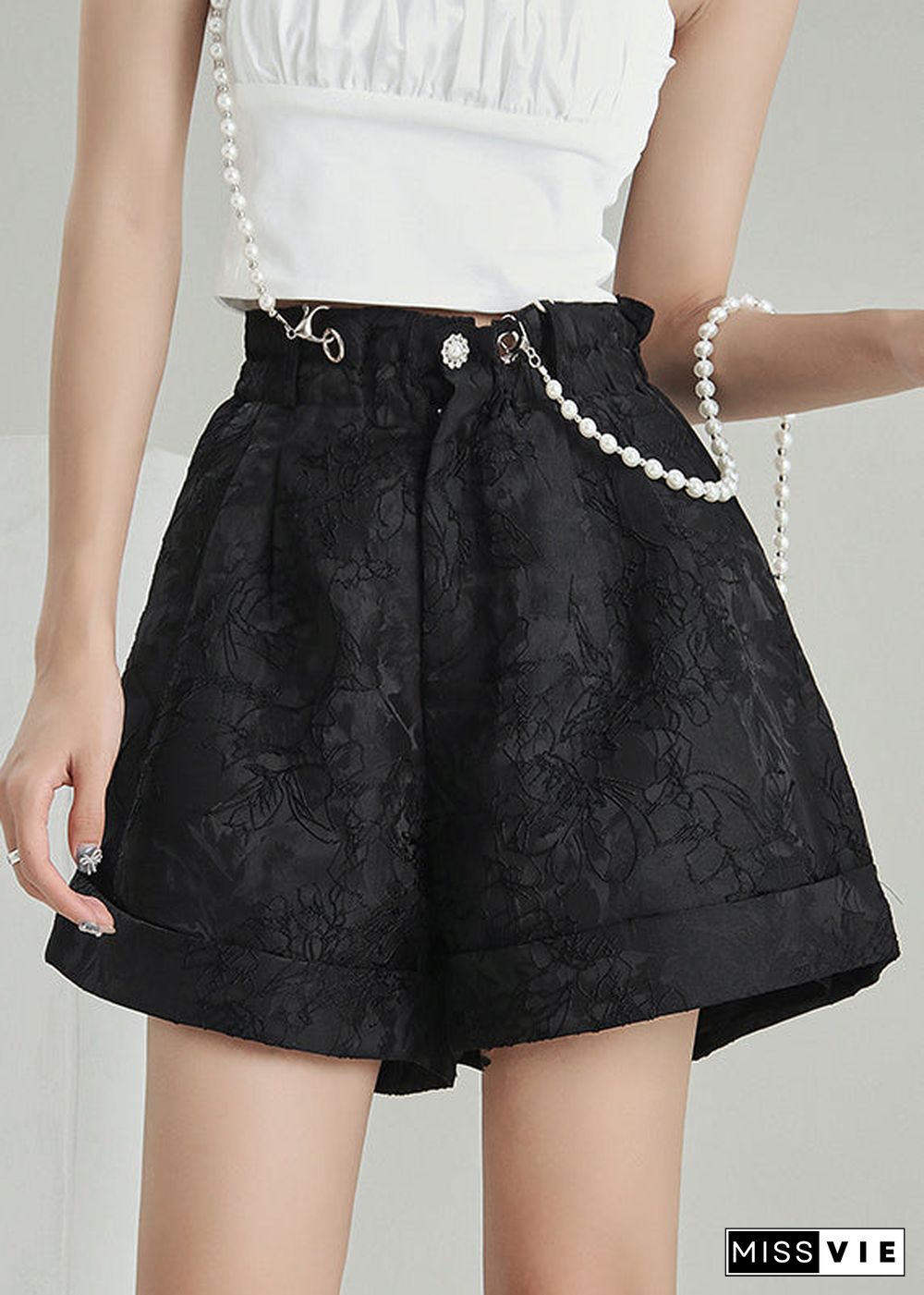 Plus Size Vintage Black Zip Up Jacquard Cotton shorts