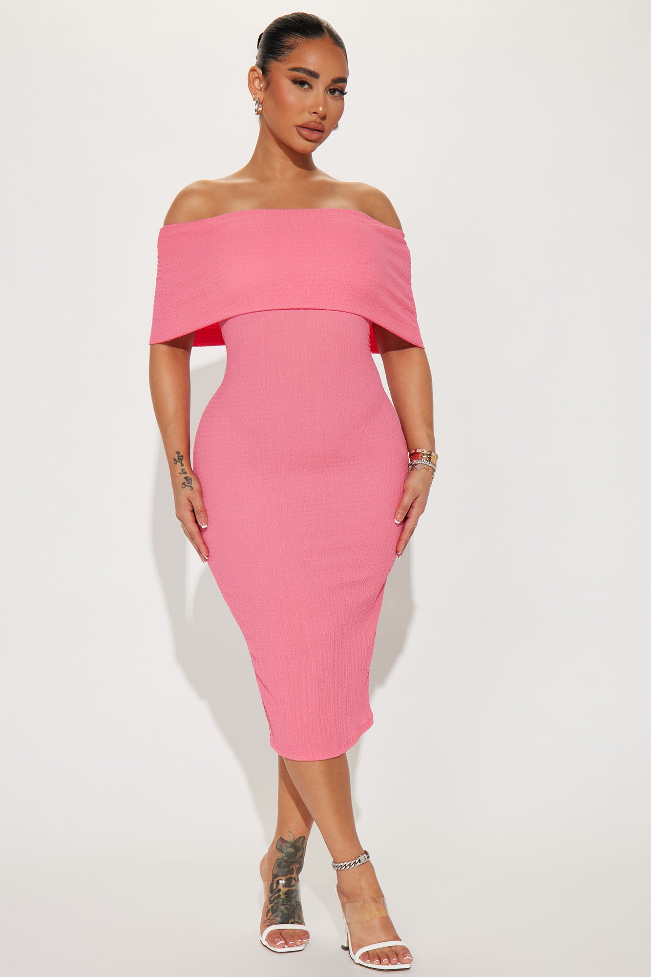 Ana Off Shoulder Midi Dress - Pink