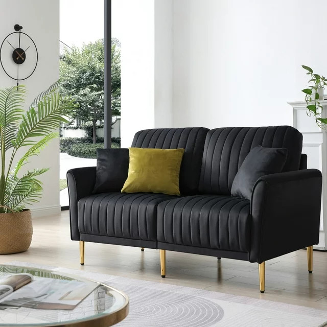 Contemporary Loveseat  Golden Legs  ampChannel Tufted Velvet Fabric Seat   Contemporary   Loveseats   by Declusia  Houzz