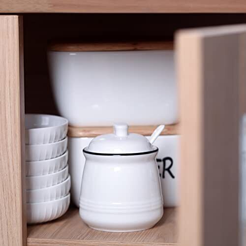 Porcelain Salt Bowl with Lid and Spoon，Ceramic Sugar Bowl 12oz (White)