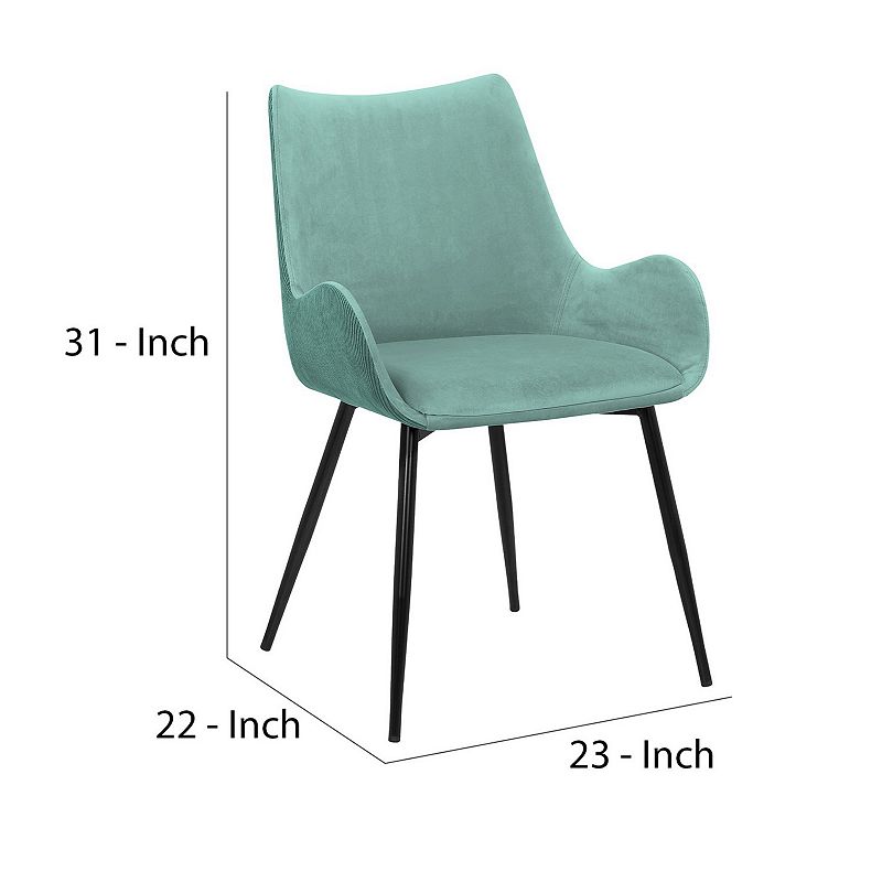 22 Inch Fabric Upholstered Dining Side Chair， Sloped Arms， Metal Legs， Teal Blue