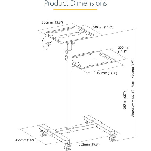 StarTech Mobile Projector and Laptop Stand/Cart， Heavy Duty Portable Projector Stand/Presentation Cart (22lb/shelf)， Height Adjustable (ADJPROJCART)