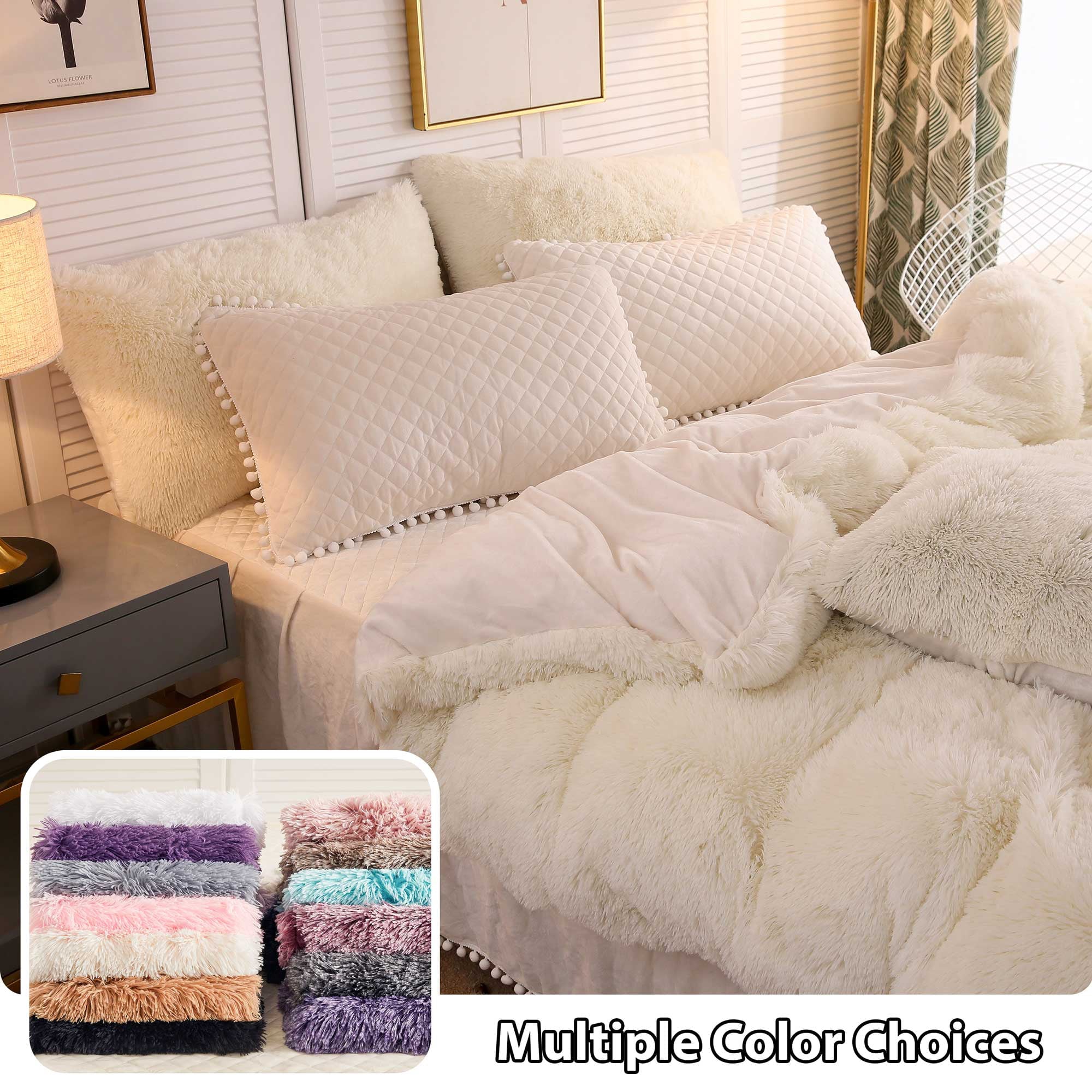 LIFEREVO 3 Pieces Luxury Plush Shaggy Faux Fur Duvet Cover Set(1 Fluffy Fuzzy Comforter Cover + 2 Pompoms Fringe Quilted Pillow Covers) Furry Bedding Set， Zipper Closure， Queen Size， Beige