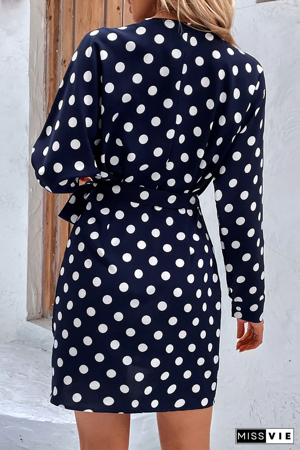 Navy Spot Print Wrap V Neck Side Sash Long Sleeves Dress