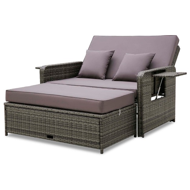 Costway Patio Rattan Daybed Set Wicker Loveseat Sofa With Ottoman amp Retractable Side Tray