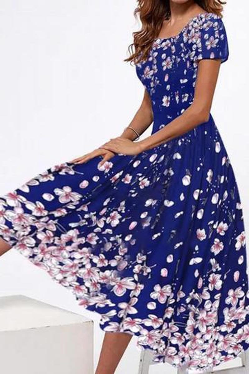 Plus Size Floral Square Neckline Short Sleeve A-line Midi Dress