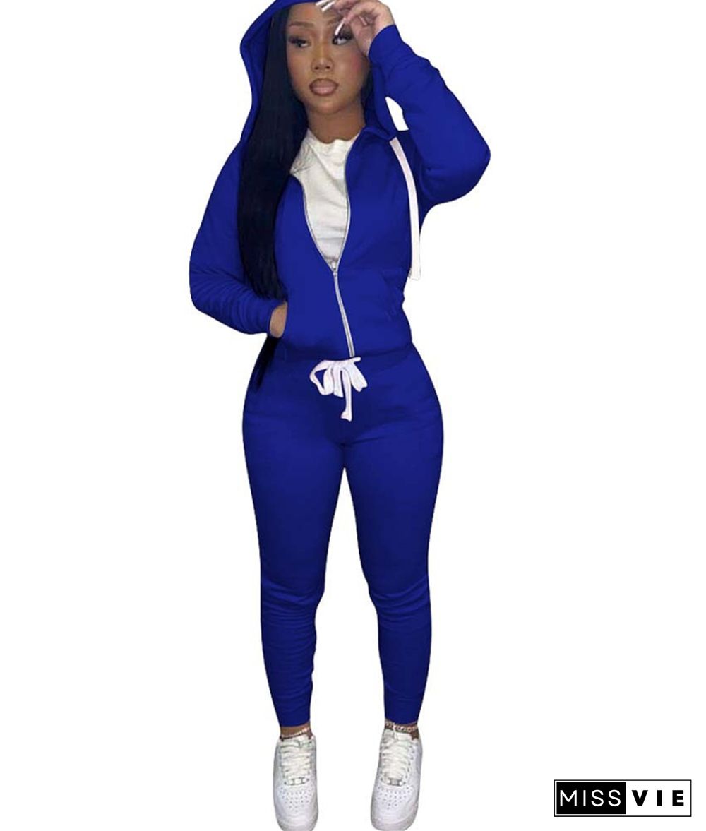 Solid Hooded Zip Sweatshirt Top Drawstring Pants Set