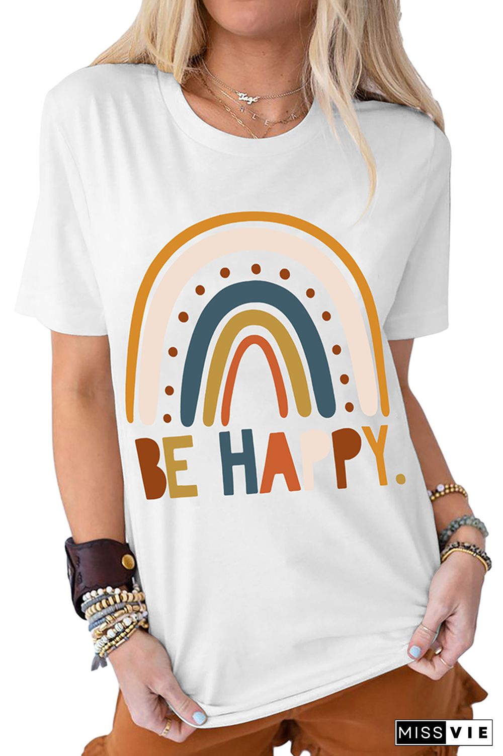 Be Happy Print Graphic Tees for Women Wholesale Short Sleeve T shirts Top