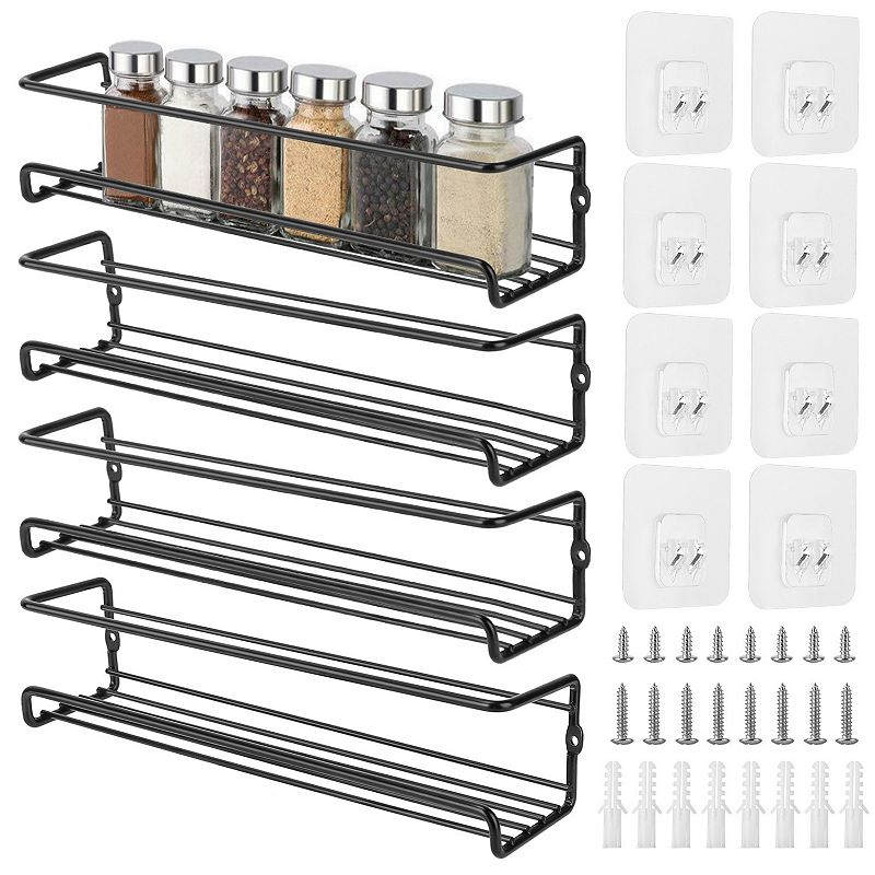 Carbon Steel Wall-mounted Spice Rack - Seasoning Herb Jar Holder and Organizer - Easy Installation Set of 4