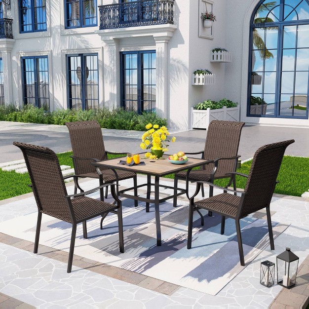 5pc Patio Dining Set Rattan Arm Chairs Square Faux Wood amp Steel Table Weather resistant Captiva Designs