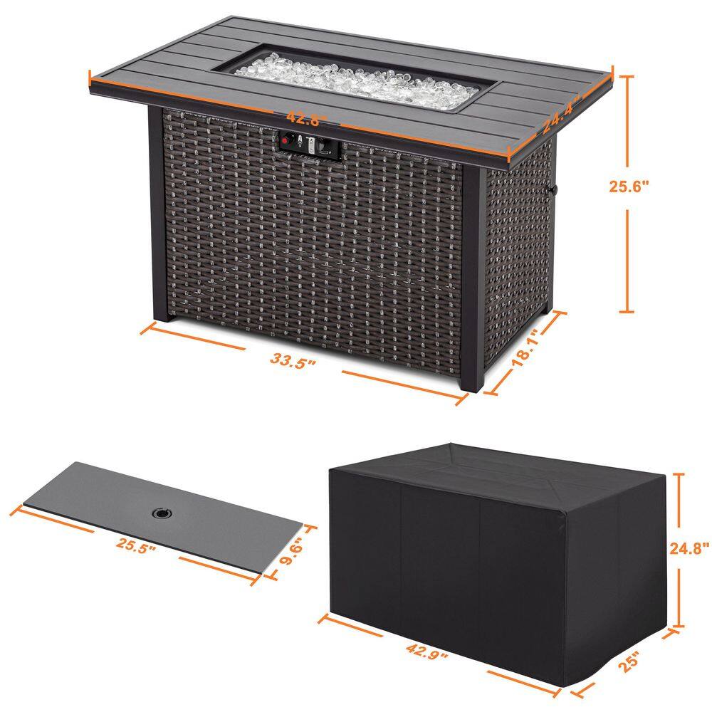 Nuu Garden Brown 43 in. 50000 BTU Rectangular Wicker Aluminum Propane Gas Outdoor Fire Pit Table with Removable Lid Fire Glass AF115C