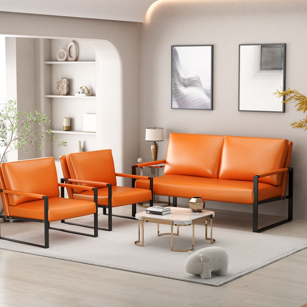 Mieres Mid Century Style 3 Piece PU Leather Living Room Sofa Set Including 2 Armchairs and 1 Loveseat Sofa