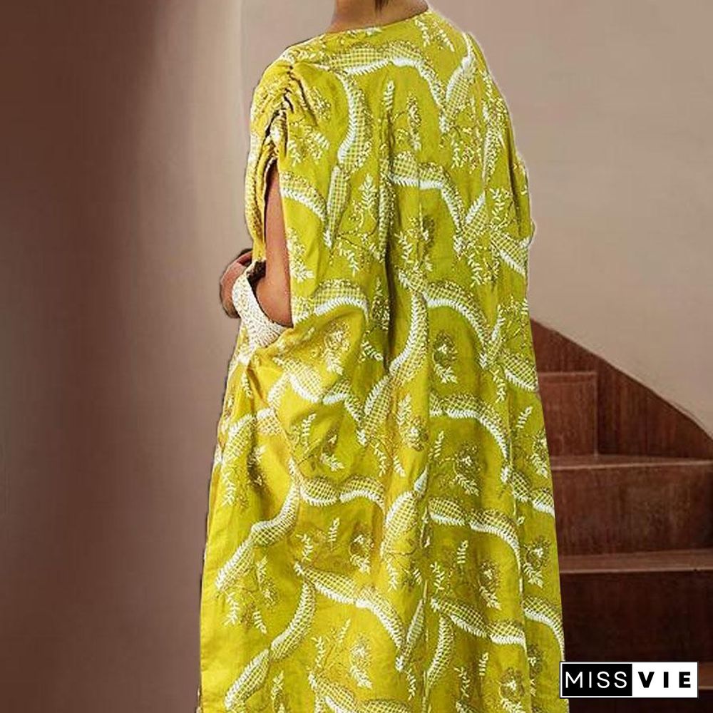 Yellow Round Neck Printed Slit Sleeeve Casual Dress