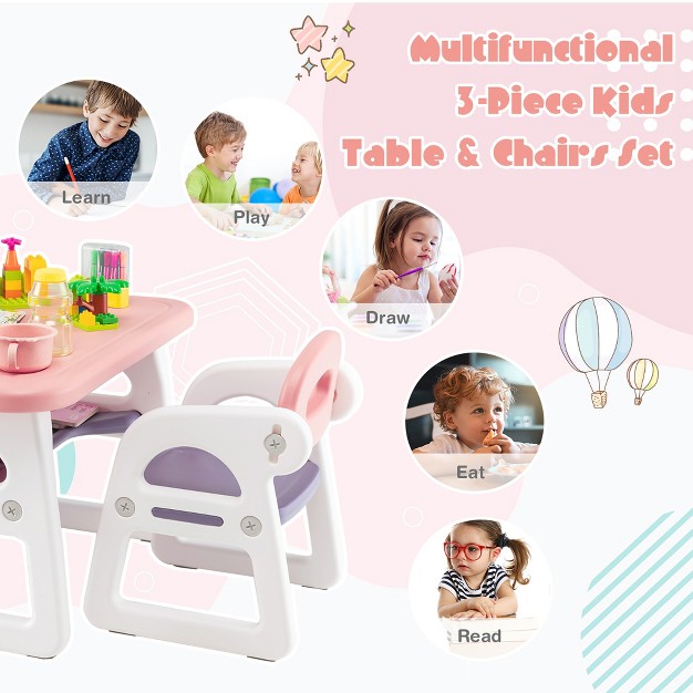 Costway 3 piece Kids Table And Chair Set Toddler Activity Study Desk With Building Blocks