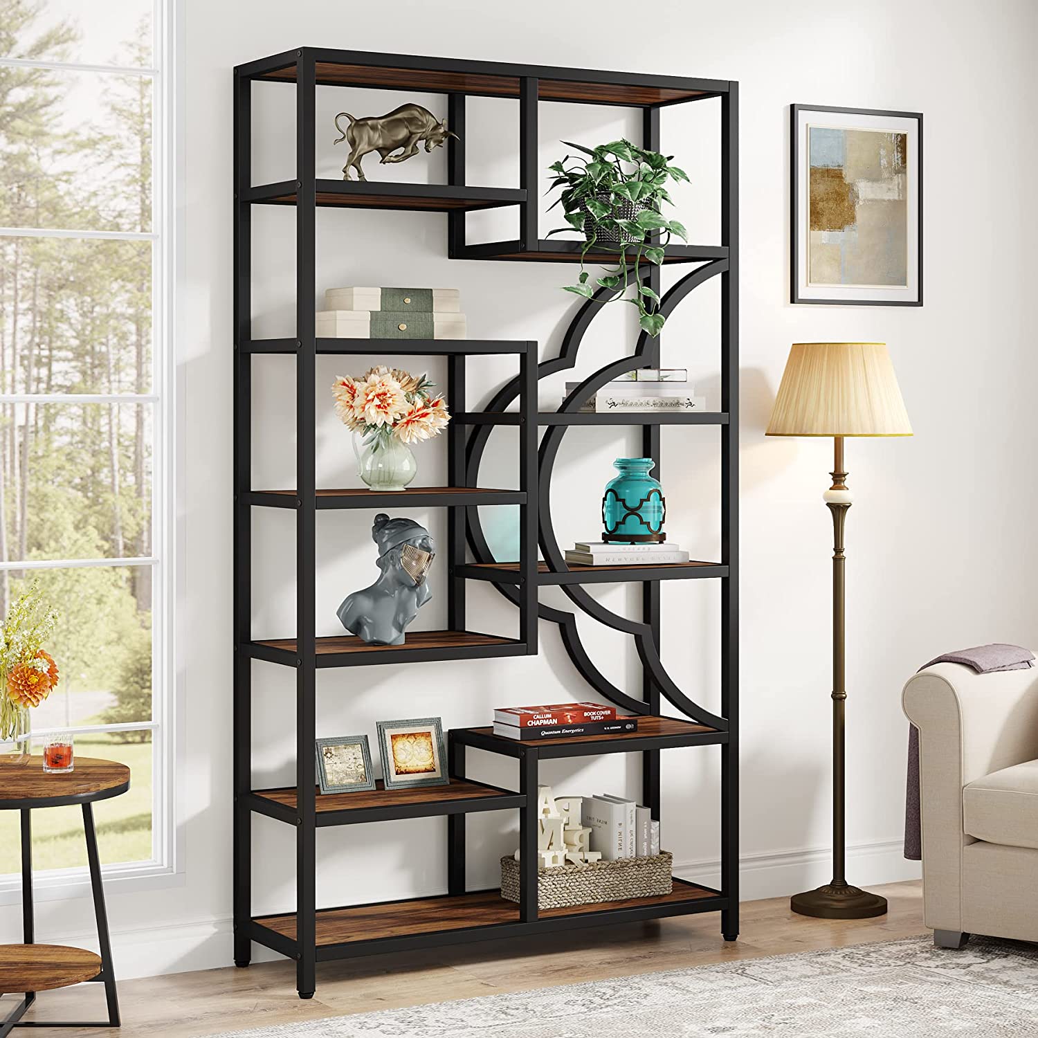 Industrial  Bookshelf, 11-Shelves Staggered Etagere 75 Tall Bookcase