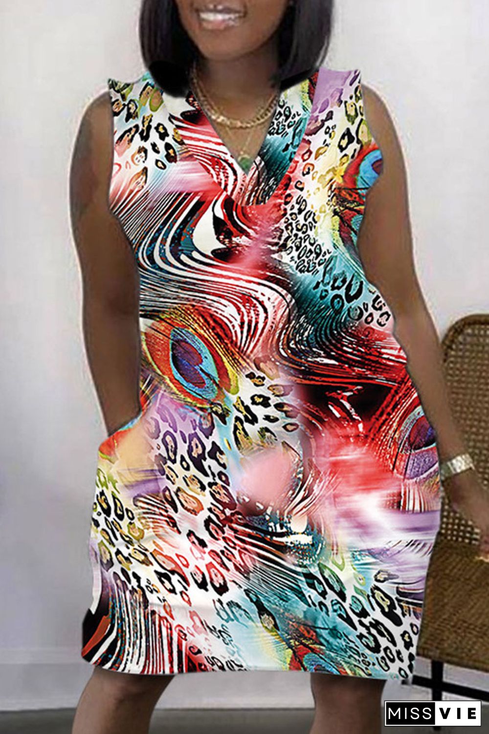 Multicolor Casual Print Patchwork V Neck Sleeveless Dress Dresses