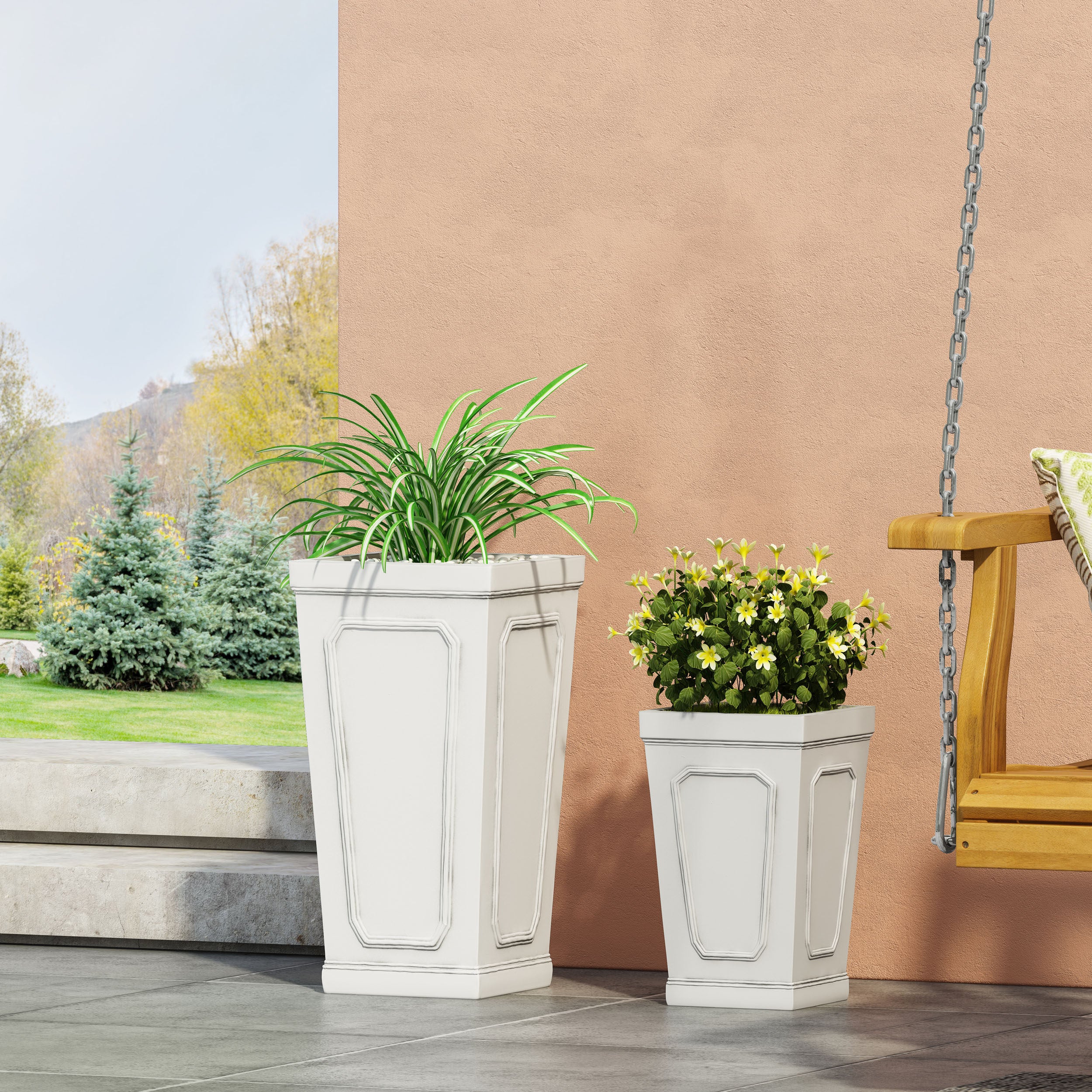 Greg Outdoor Small and Medium Cast Stone Tapered Planter Set, Antique White