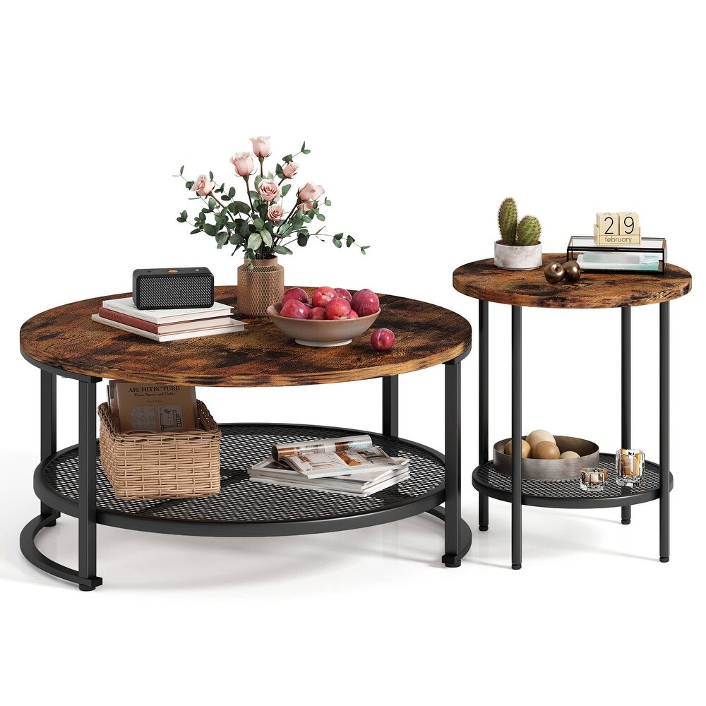 Round Coffee Table and End Table Set for Living Room  Industrial Coffee Table with Open Storage