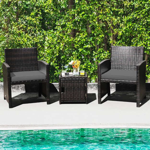 Costway 3pcs Patio Wicker Furniture Set Storage Table W protect Cover Cushioned