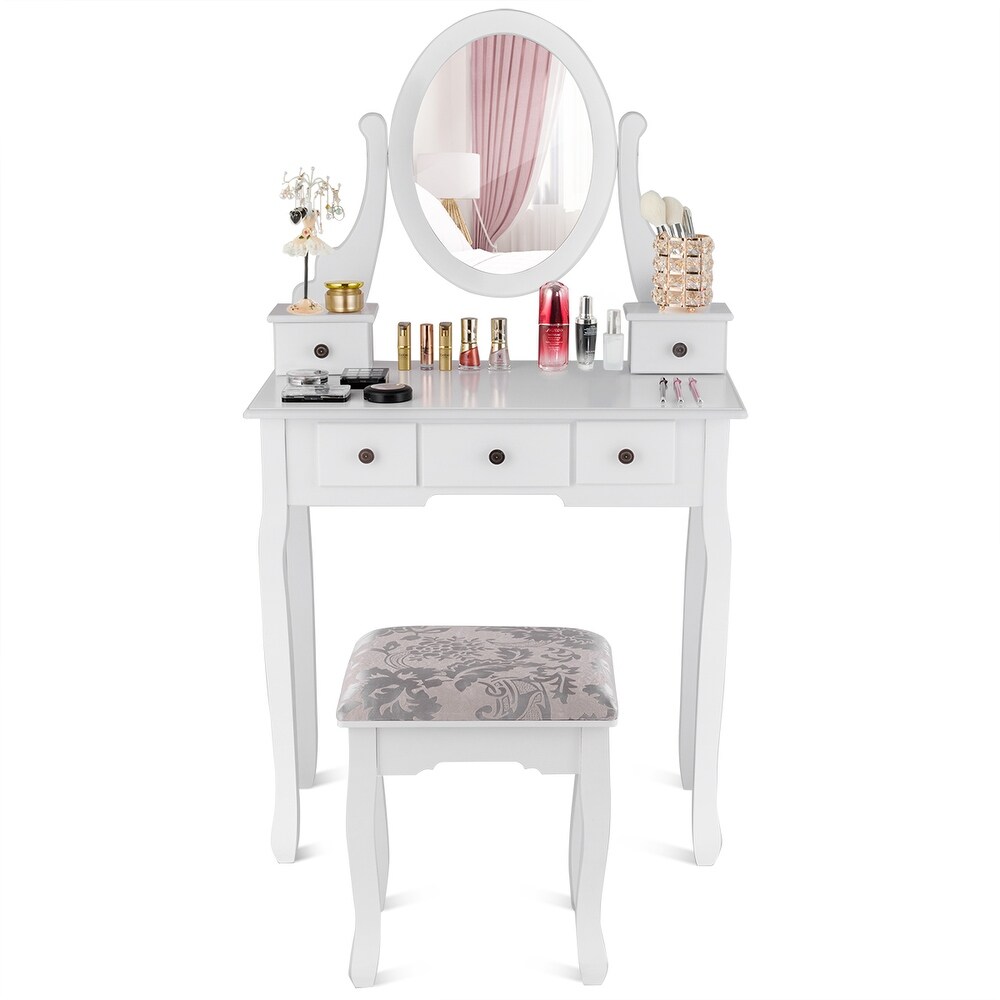 Costway Makeup Desk Vanity Dressing Table Oval Stool 5 Storage Drawers