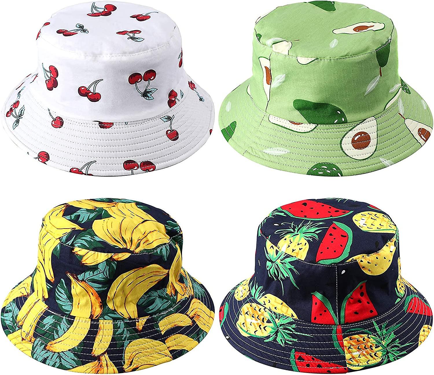 4 Pack Unisex Print Bucket Hats， Cotton Beach Sun Hat For Women Summer Travel， Outdoor Reversible Cap Double Sides Wear For Women Men