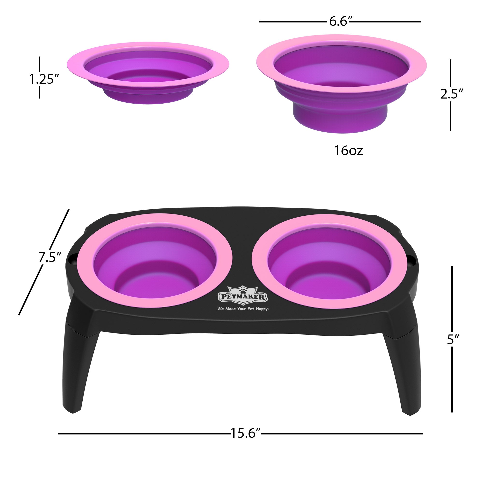 Elevated Pet Bowls with Non Slip Stand for Dogs and Cats-Removeable and Collapsible Silicone Feeder for Food and Water- 16 Oz Each By PETMAKER (Pink)