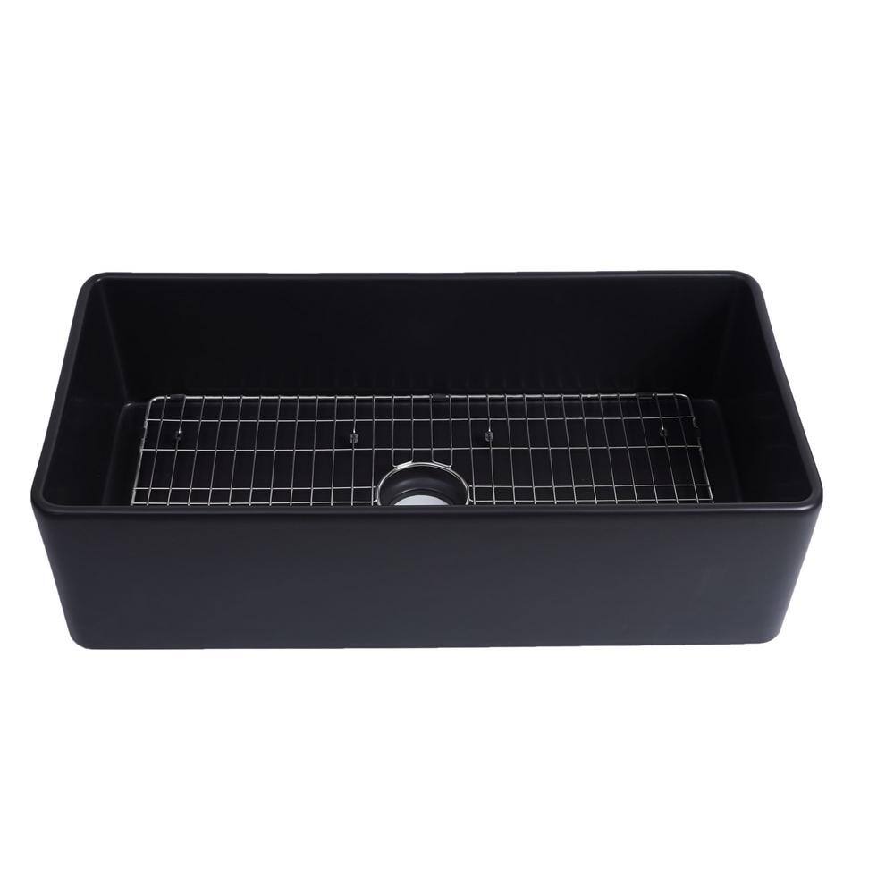 FAMYYT Black Fireclay 33 in. Single Bowl Farmhouse Apron Workstation Kitchen Sink with Bottom Grid and Drain XJ-1432BK-L