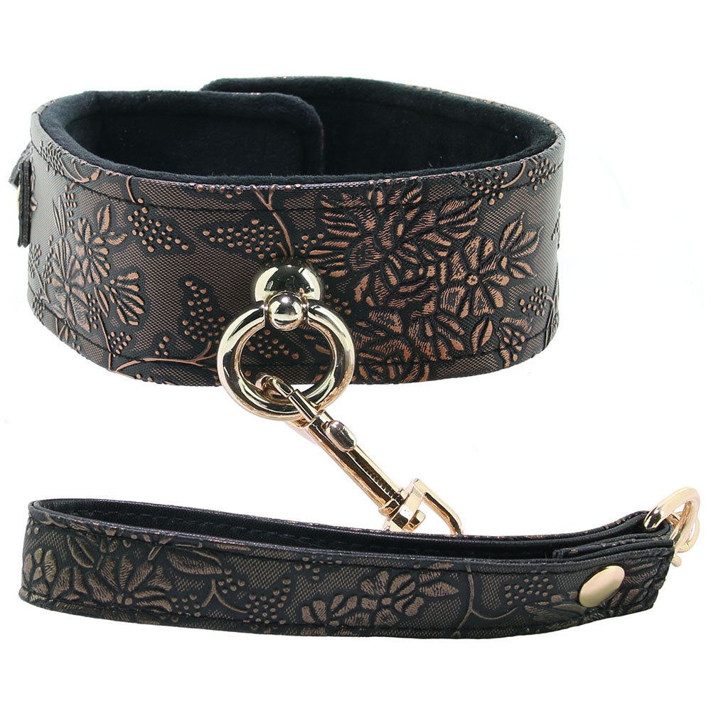 Lockable Lined Collar and Leash in Metallic Floral