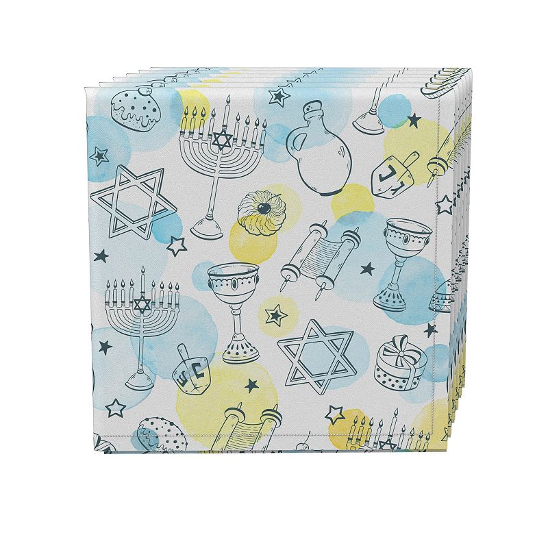 Napkin Set， 100% Polyester， Set of 4， 18x18， Watercolor Hanukkah and Dots