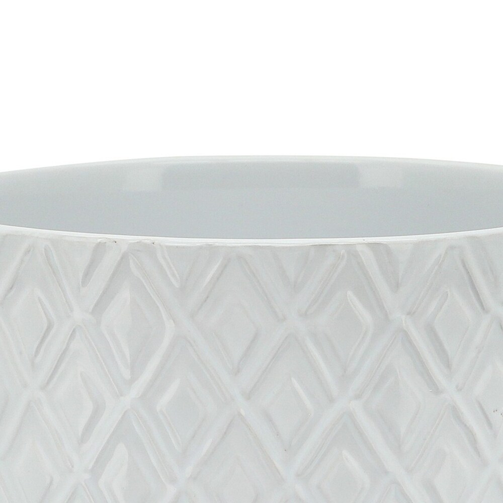 Ceramic Planter with Diamond Pattern and Wooden Stand  White