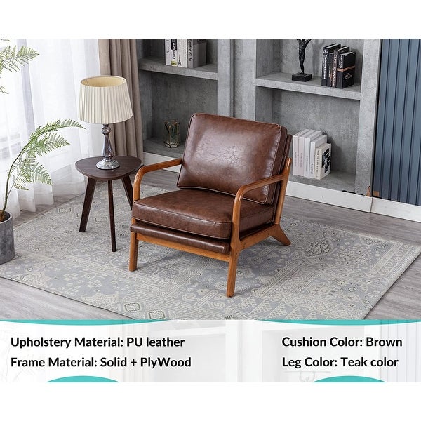 Wood Frame Accent Chair with Vintage Cushions， Brown PU Leather