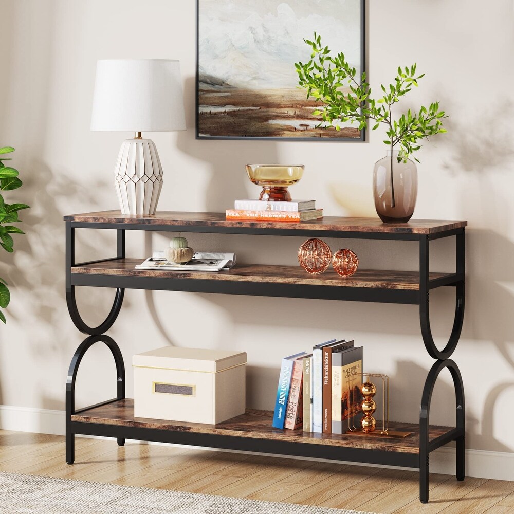 3 Tier Console Table  55 inch Sofa Table with Open Storage Shelves  Narrow Long Hallway/Entryway Table for Living Room Entryway