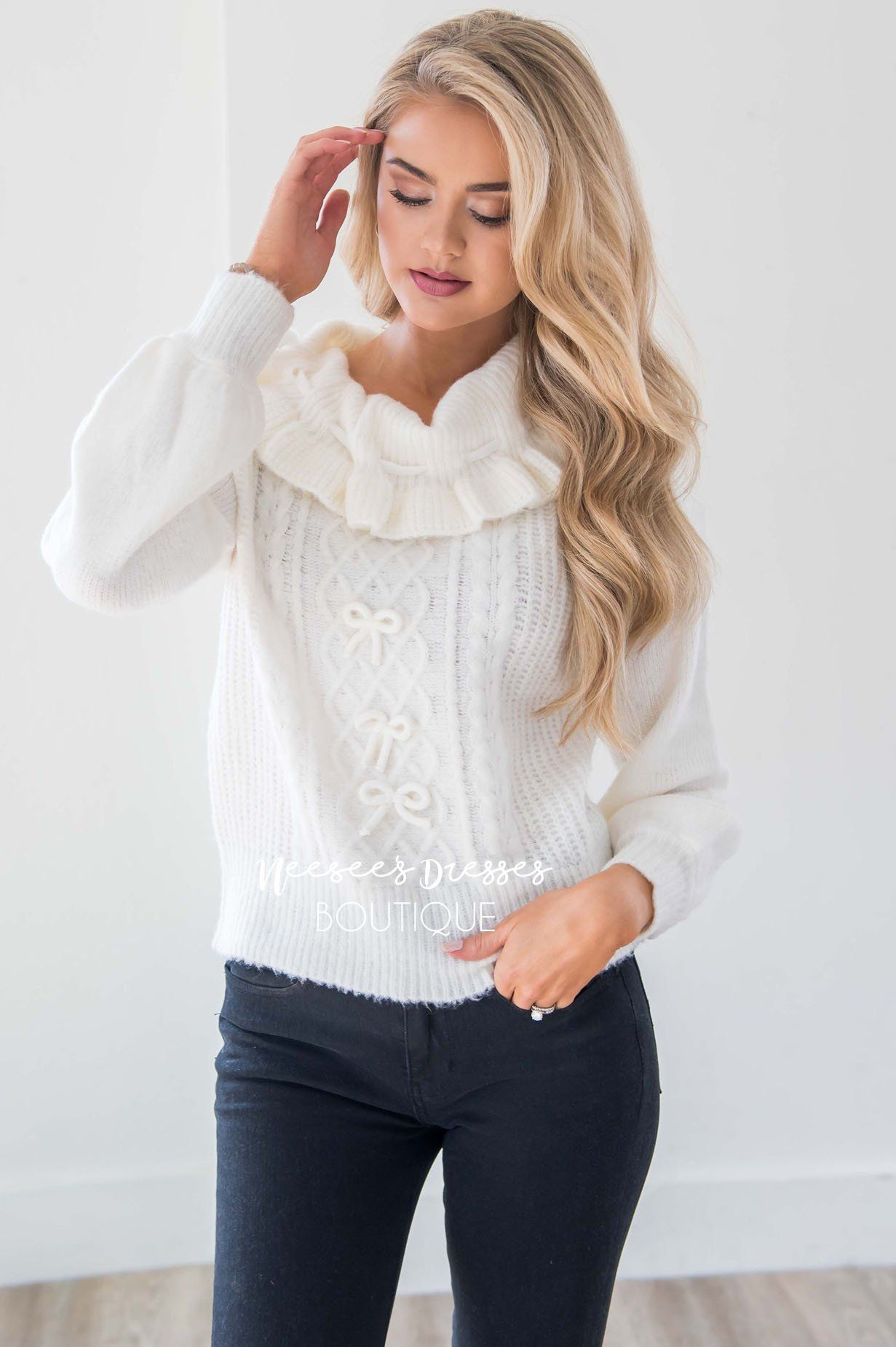 Ivory Knit Sweater with Cute Bow Details